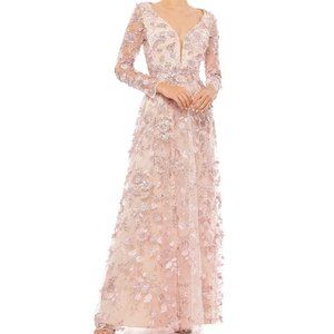 NWT MAC DUGGAL‎ 67483 Floral Applique Long Sleeve Illusion Gown Rose Pink